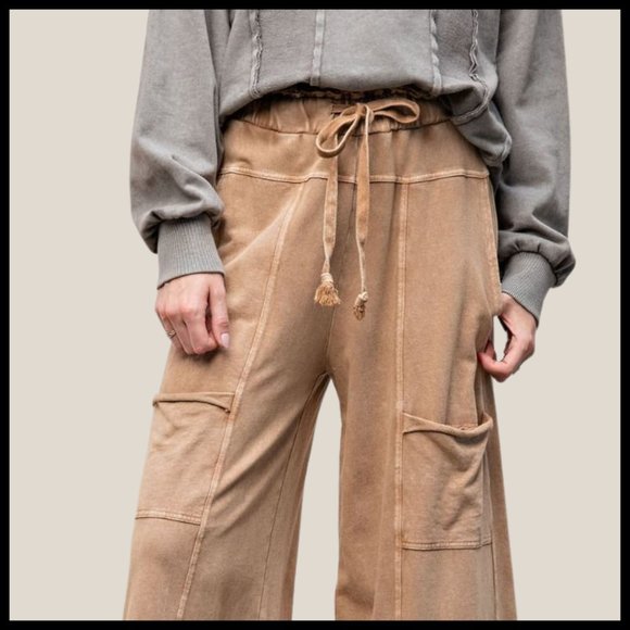 EASEL "Perfect Cargo" Terry Knit Mineral Washed Flared Leg Pants Raw Hem & Seams - Picture 13 of 15